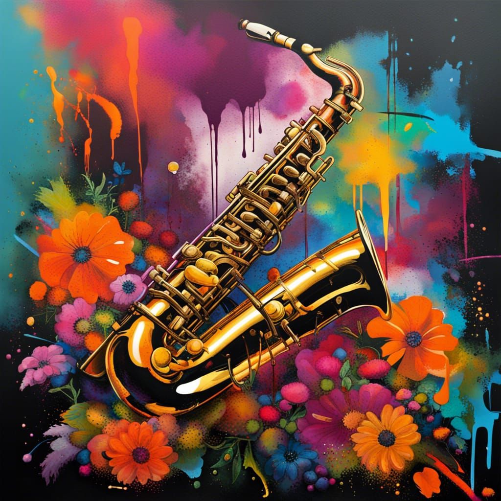 Saxophone with Flowers in Graffiti Art Style