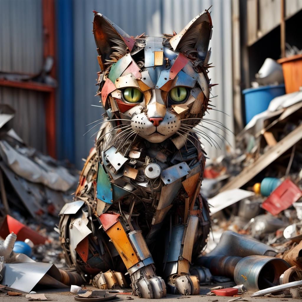 Photorealistic Junkyard Cat Sculpture with Soulful Eyes