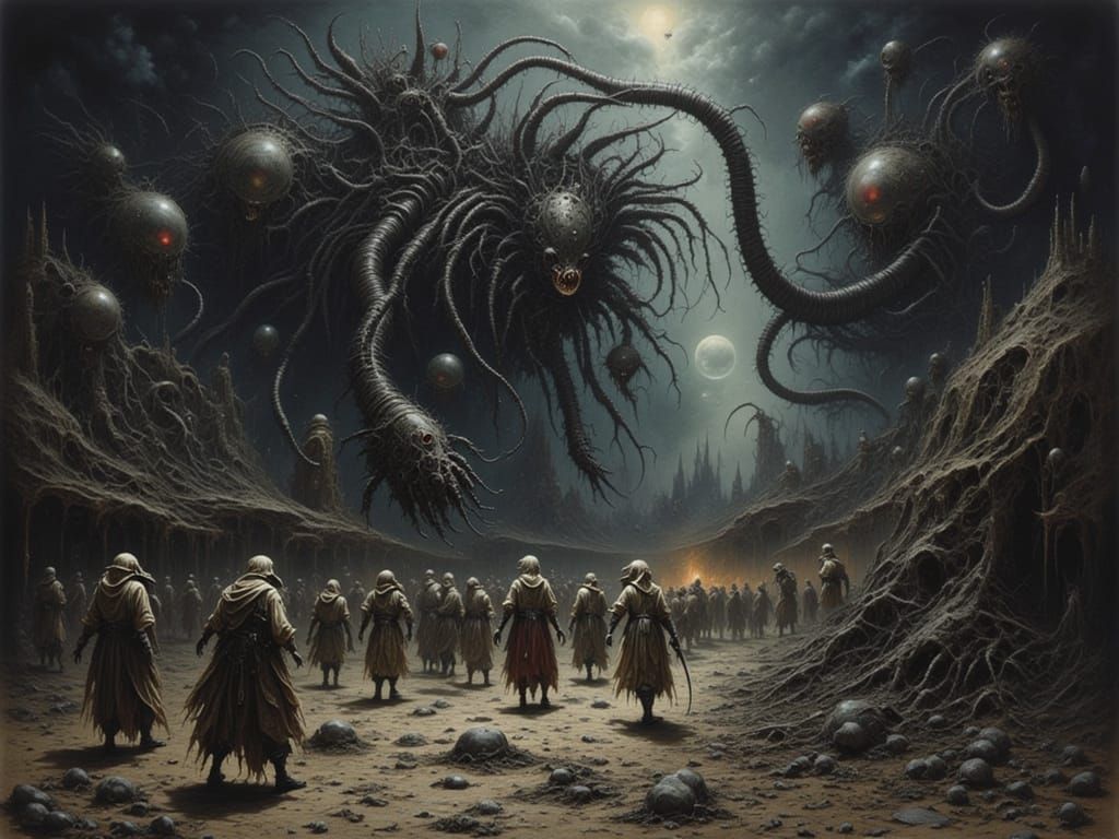 Alien Colony Mass Panic in Eerie Etching Style