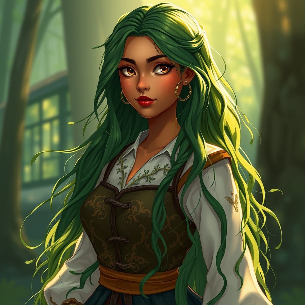 Ethereal Half-Mortal Maiden with Forest Green Hair and Amber...