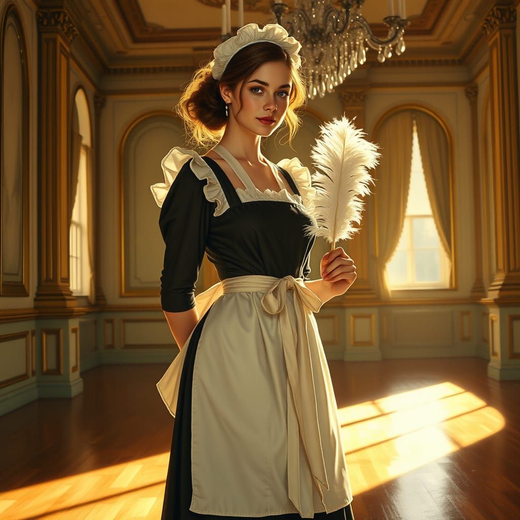 French Maid in Sunlit Ballroom, Painterly Style