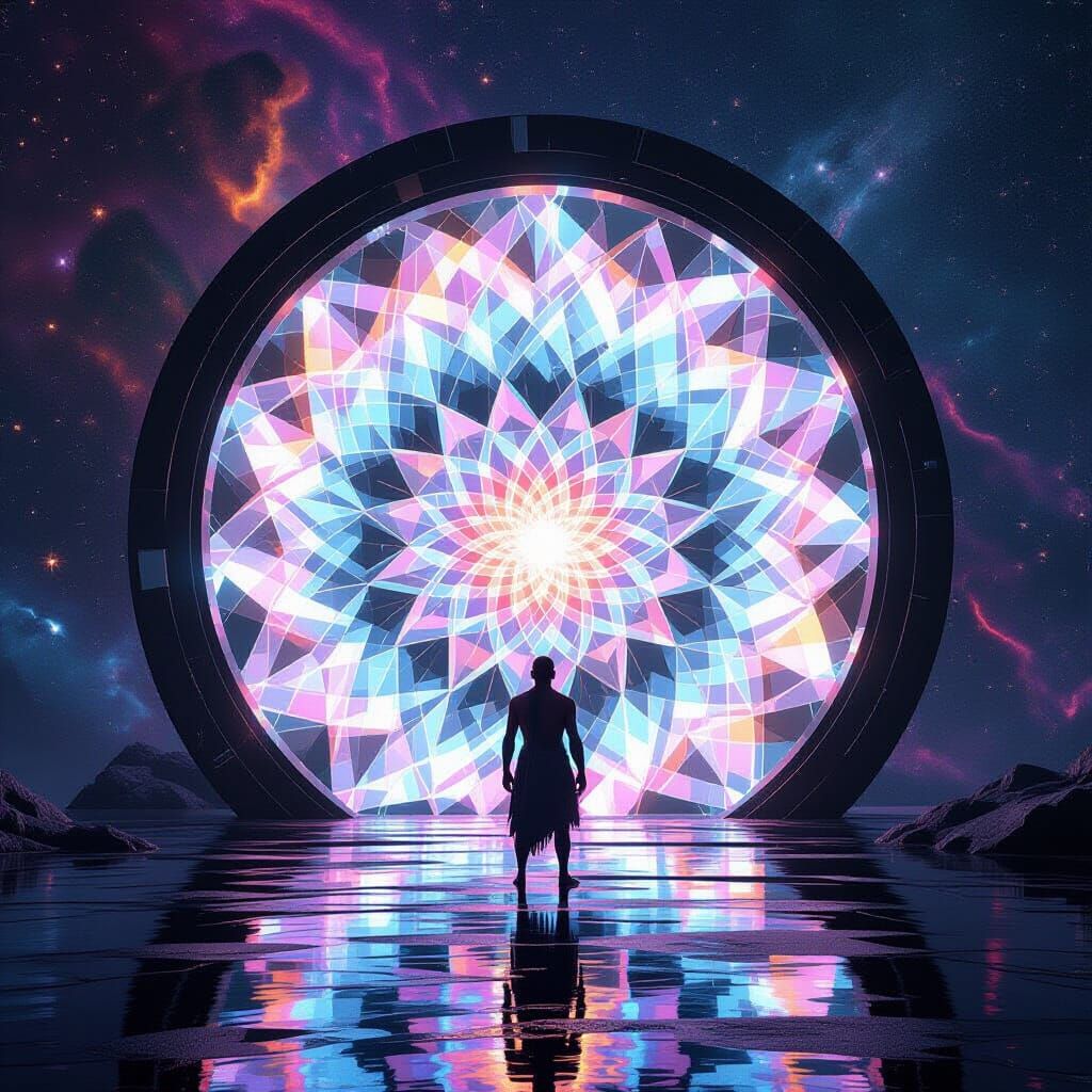 Stone Age Man Peeks Through Futuristic Light Portal