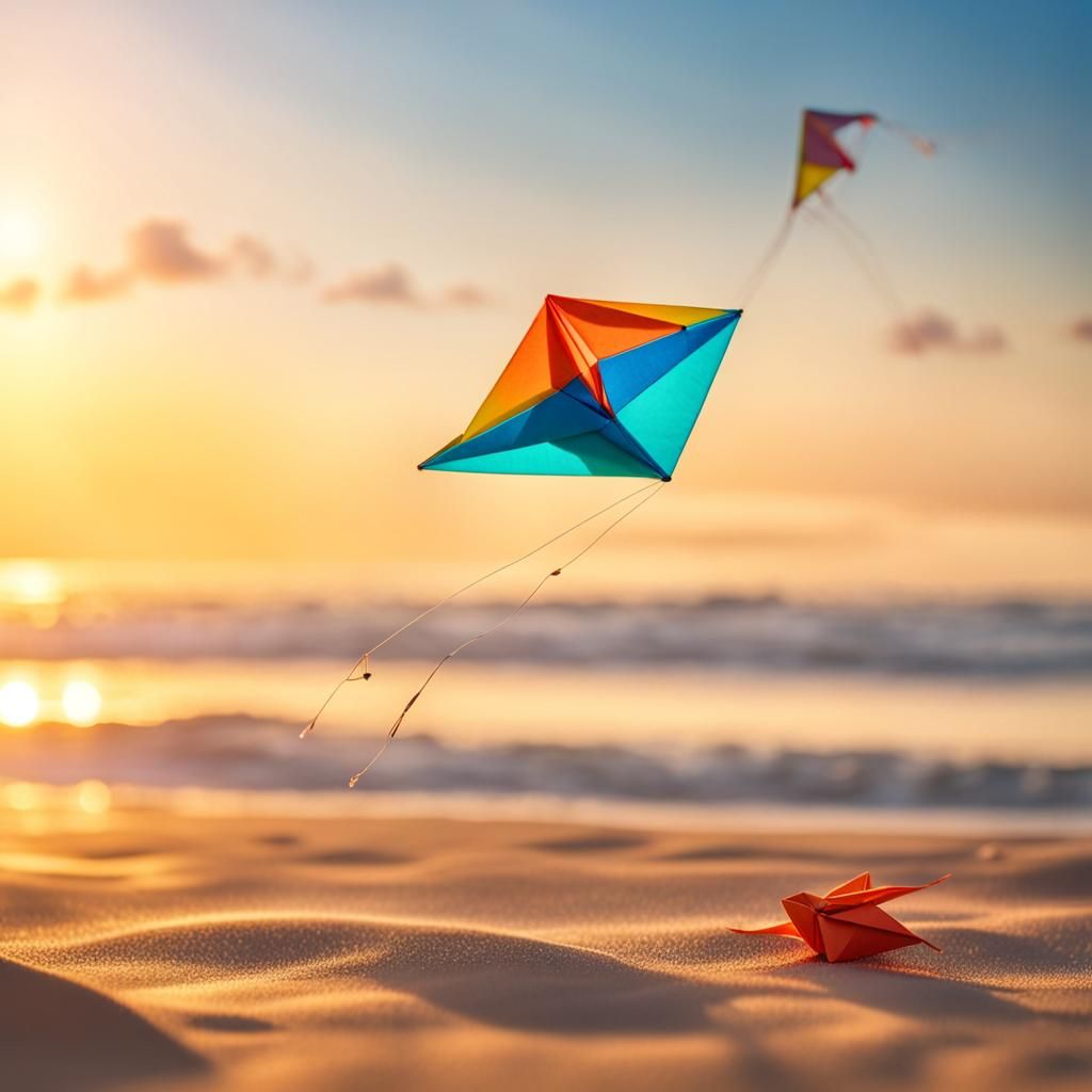 Origami Kite at Sunrise on Beach in 8K