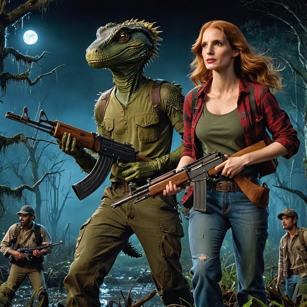 Jessica Chastain and Lizard-Man in Swamp: Movie Still