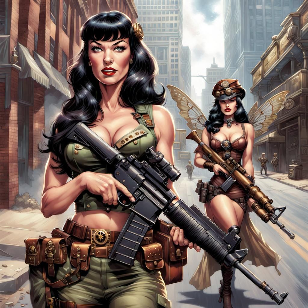 Bettie Page and Steampunk Fairy Patrol in Comic Style