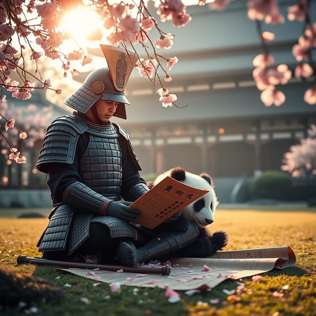 Serene Samurai Studies Ancient Scrolls in Edo Palace Garden