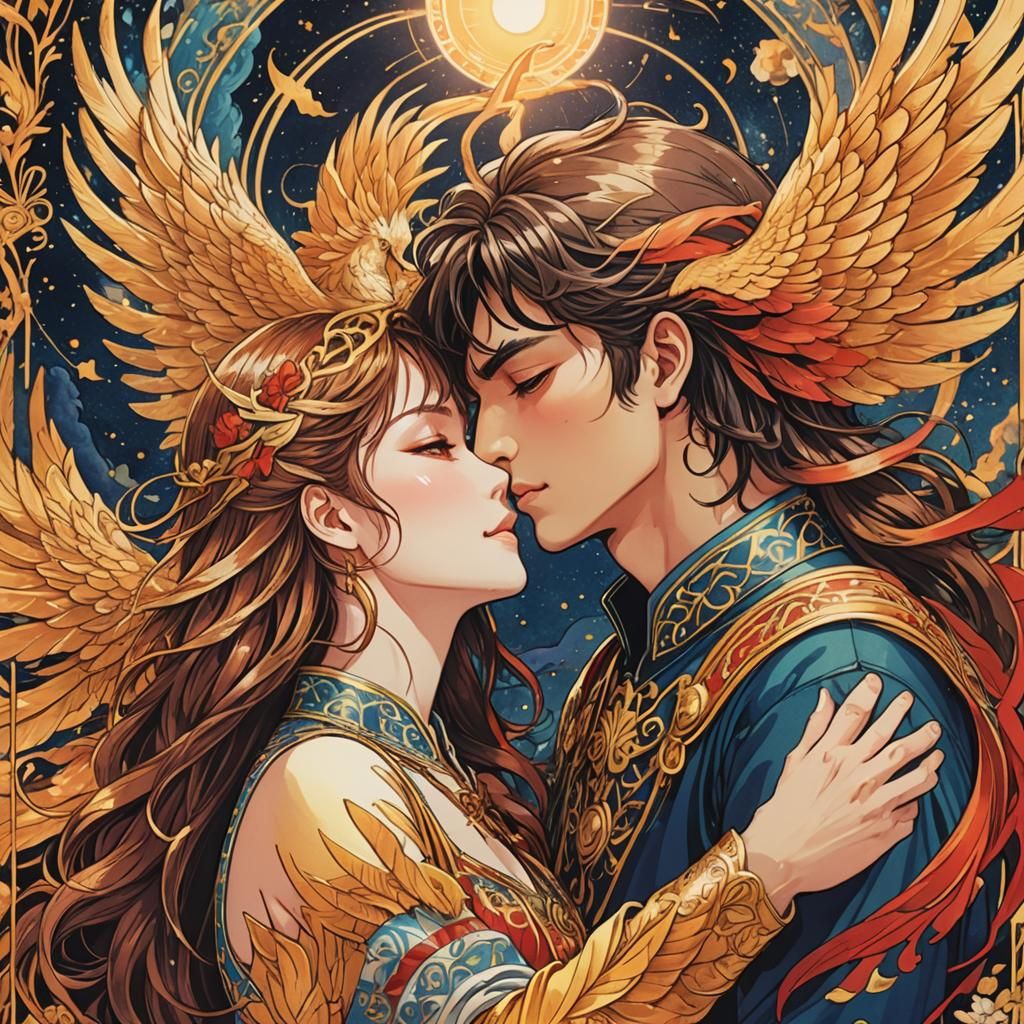 Lovers Embrace: A Manga-Inspired Tarot Scene