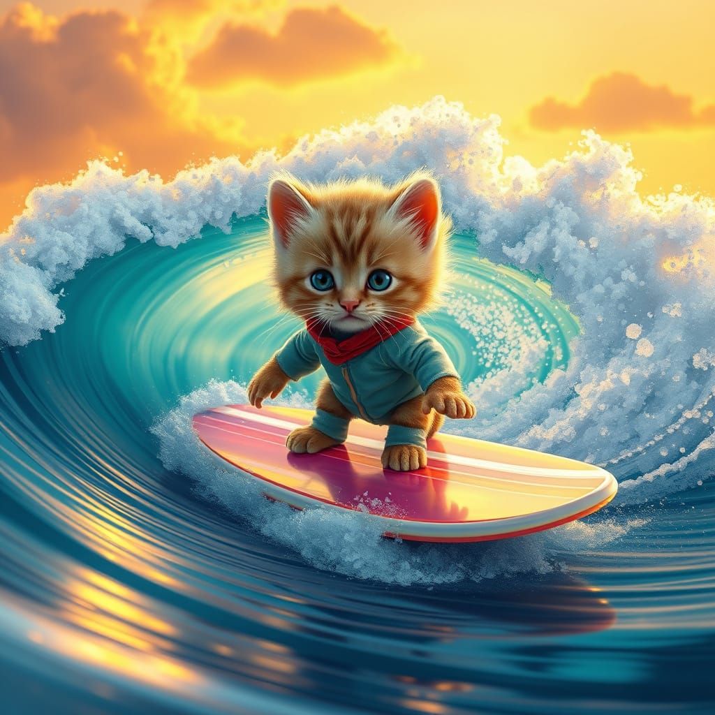 Fantasy Kitten Rides Iridescent Surfboard Across Turquoise W...