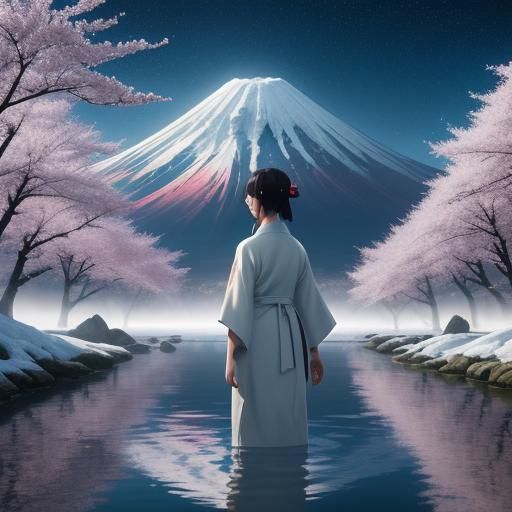 Japanese Girl in Cosmic Cherry Blossom Scene