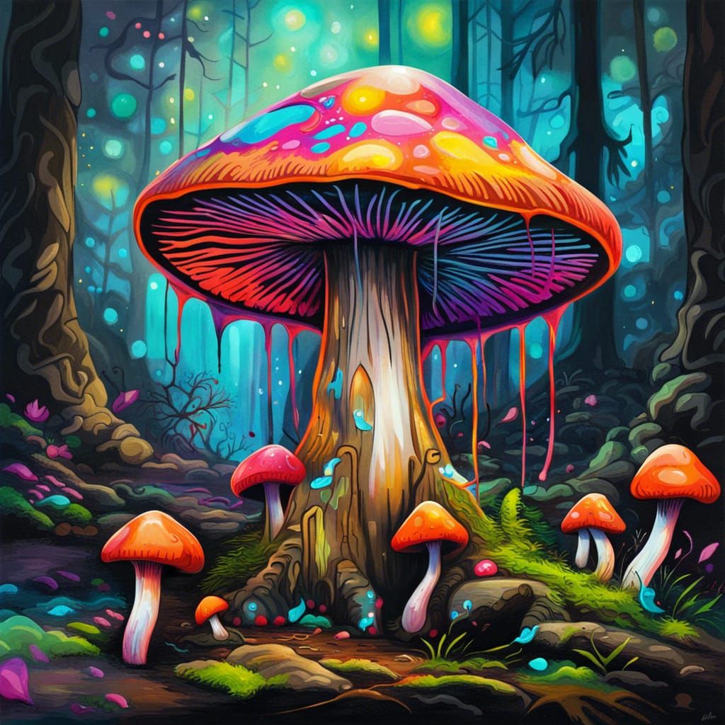 Psychedelic Mushroom in Enchanted Forest, Graffiti Art