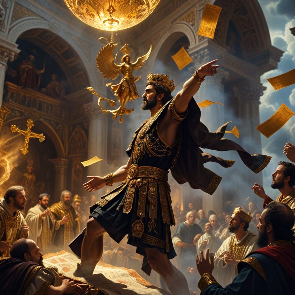 Byzantine Emperor Nicetas Debates Latin Clerics in Oil Paint...