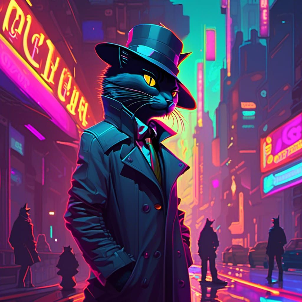 Cyberpunk Cat Detective in Neon Cityscape