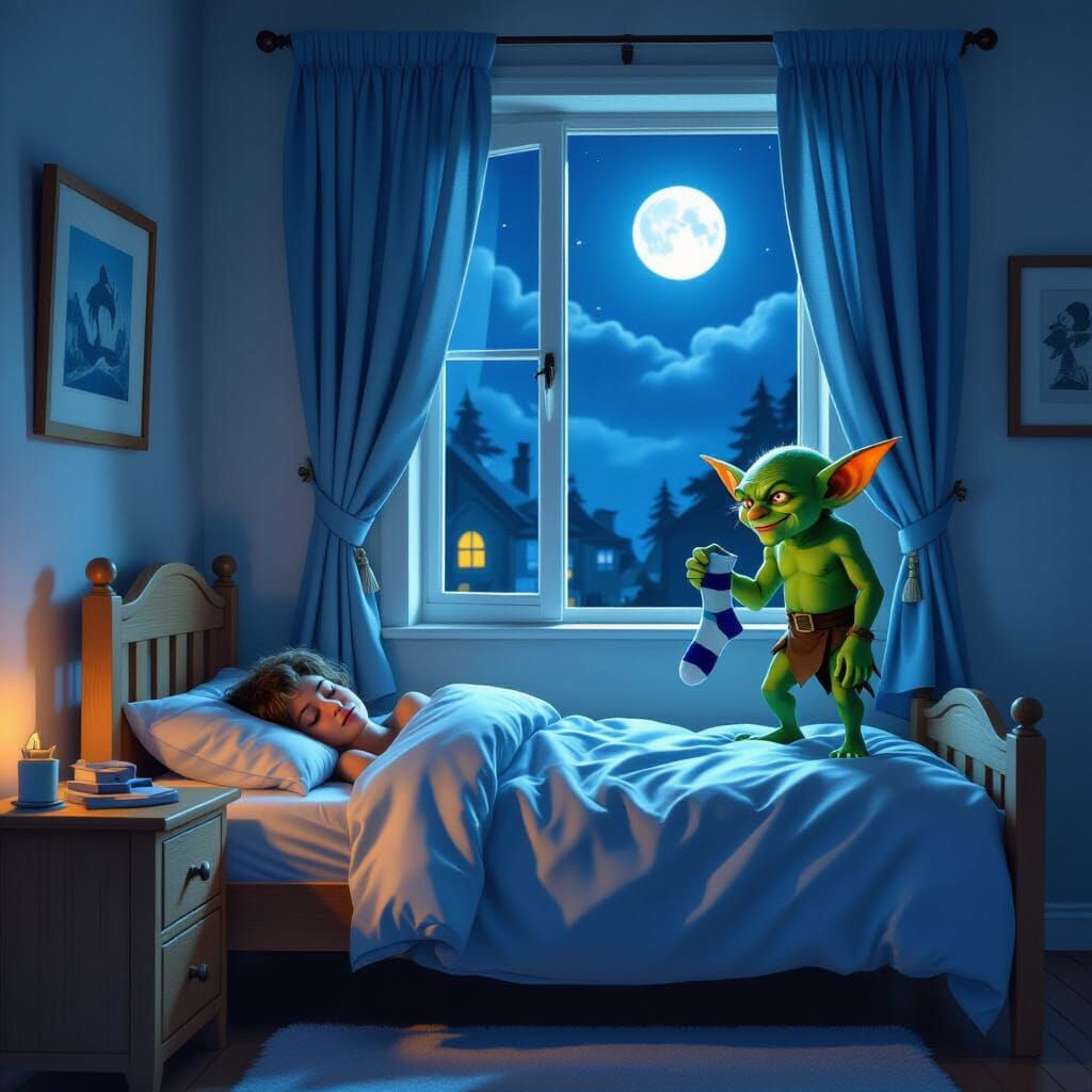 Goblin Sock Thief in Bedroom at Night