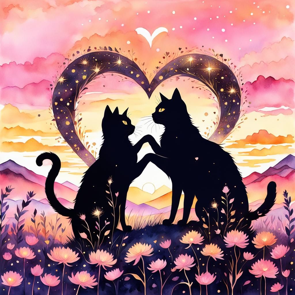 Cats Form Heart Silhouette in Watercolor Sunset