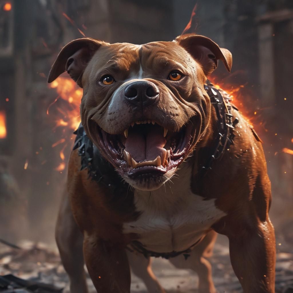 Menacing Pitbull in Fiery Fantasy Landscape