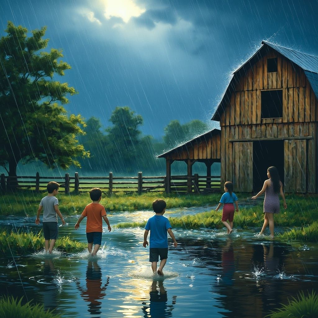 Children Playfully Walking in Rain and Water