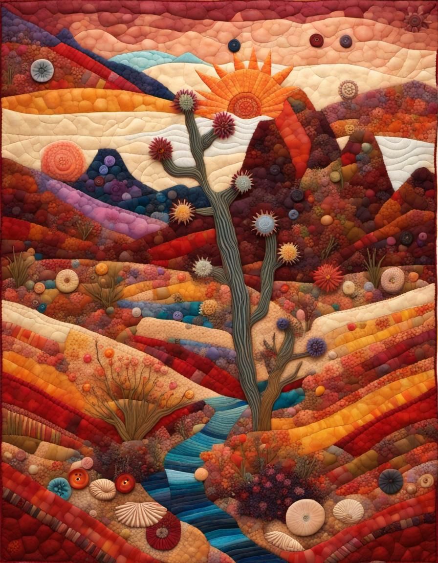Desertscape Mixed Media Quilt in Naive Art Style