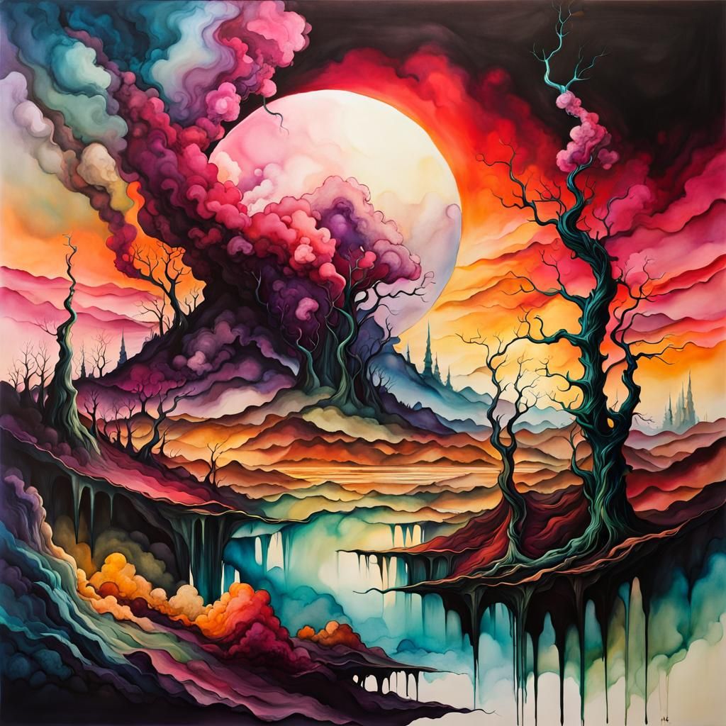 Surreal Alcohol Ink Hellscape of Torment and Sorrow