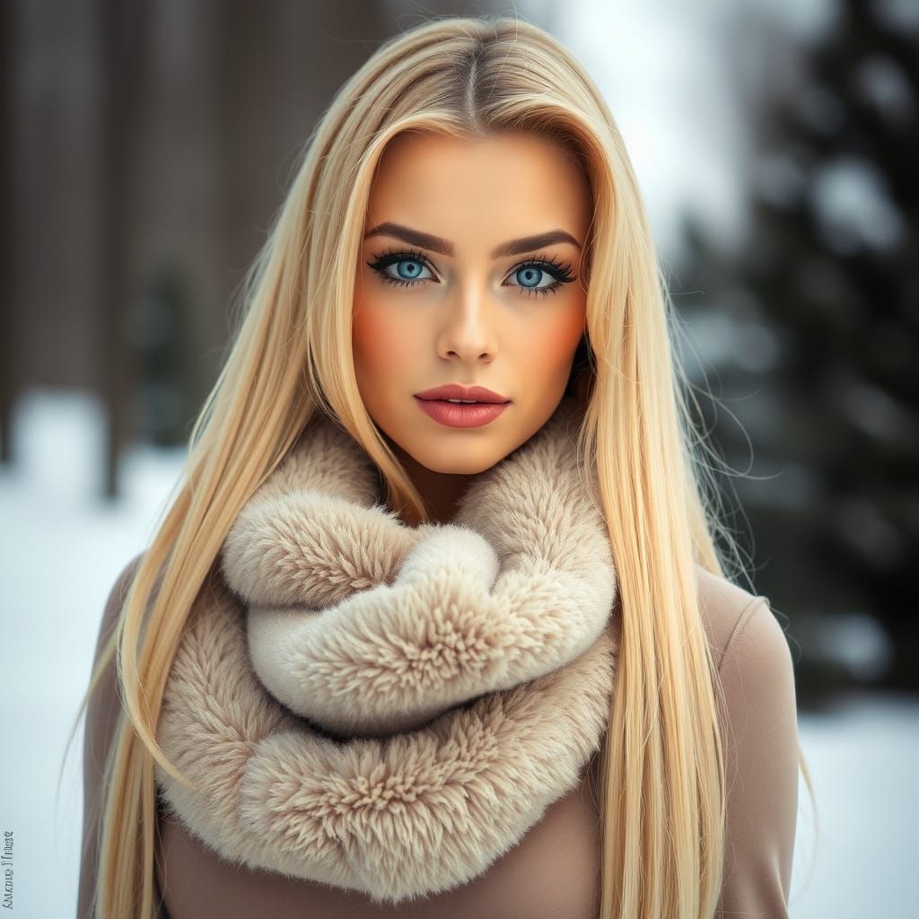 Stunning Blonde Goddess in Fierce Makeup and Fleece Scarf