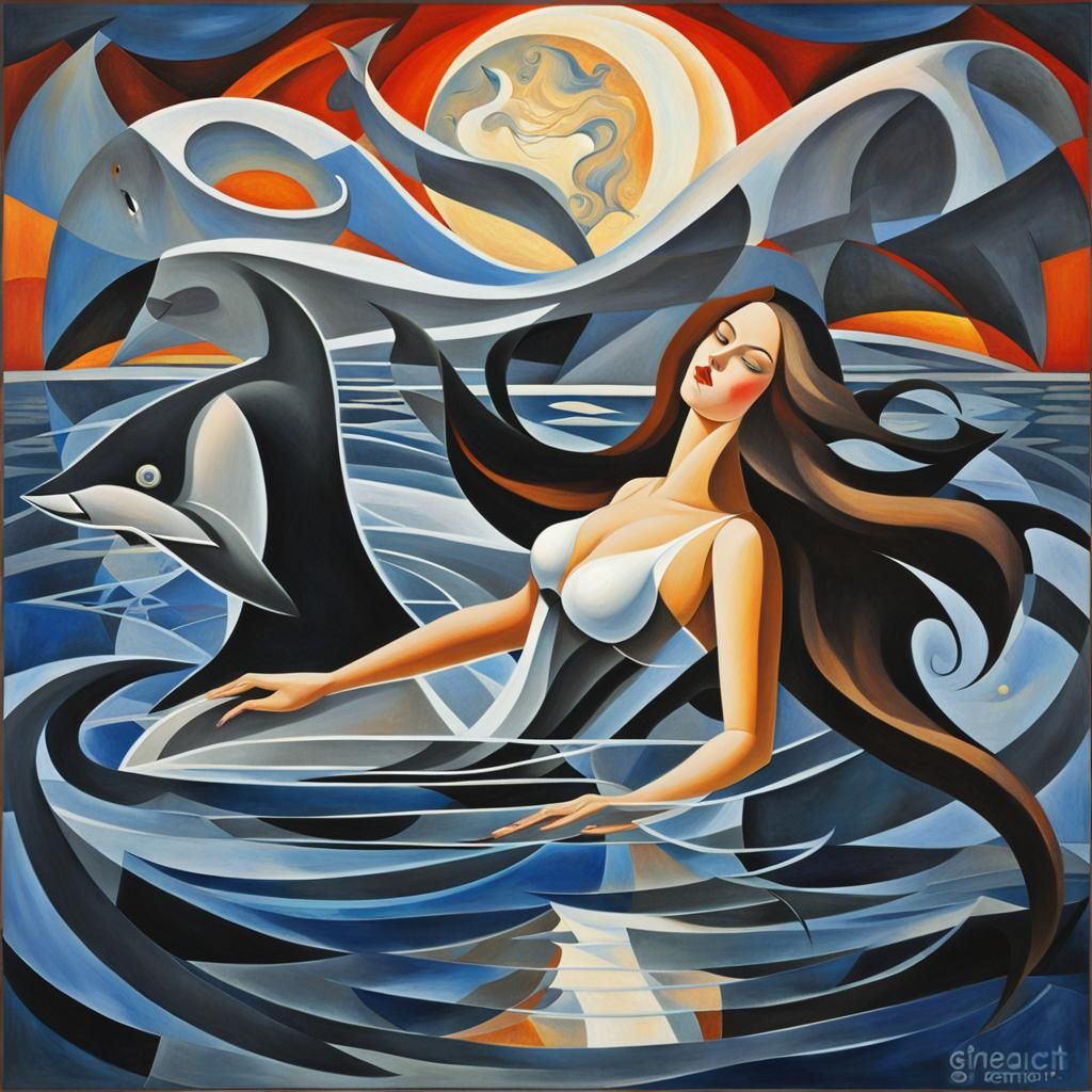 Surreal Woman on Shark with Mermaid, in Cubist Style