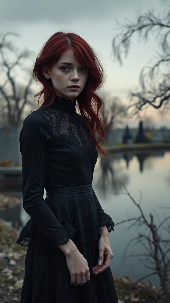 Ethereal Woman at Lakeside Graveyard: Hyperrealistic Art