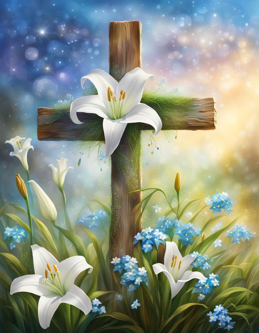Spring Meadow with Cross in Hyperrealistic Style