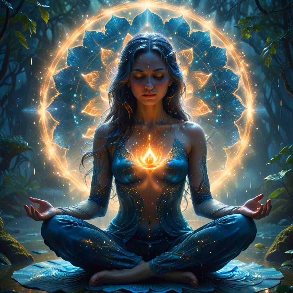 Mystical Figure in Lotus Pose With Inner Forest & Moon