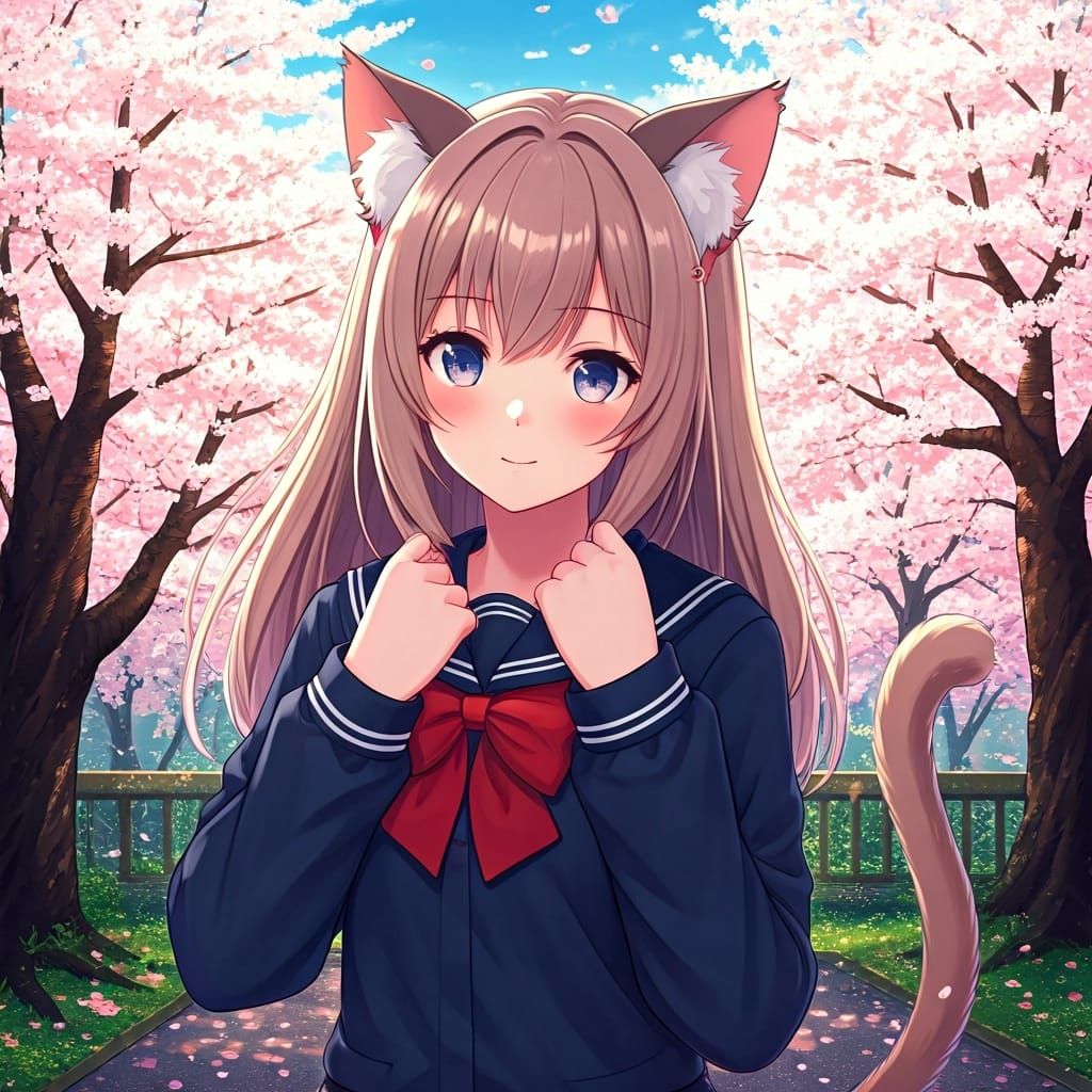 Cat Girl in Manga Style with Cherry Blossoms