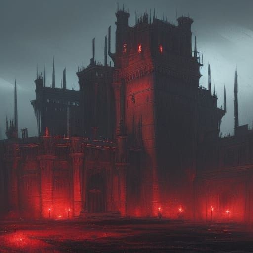 Evil Castle with Sludge Moat, Dark Fantasy Art