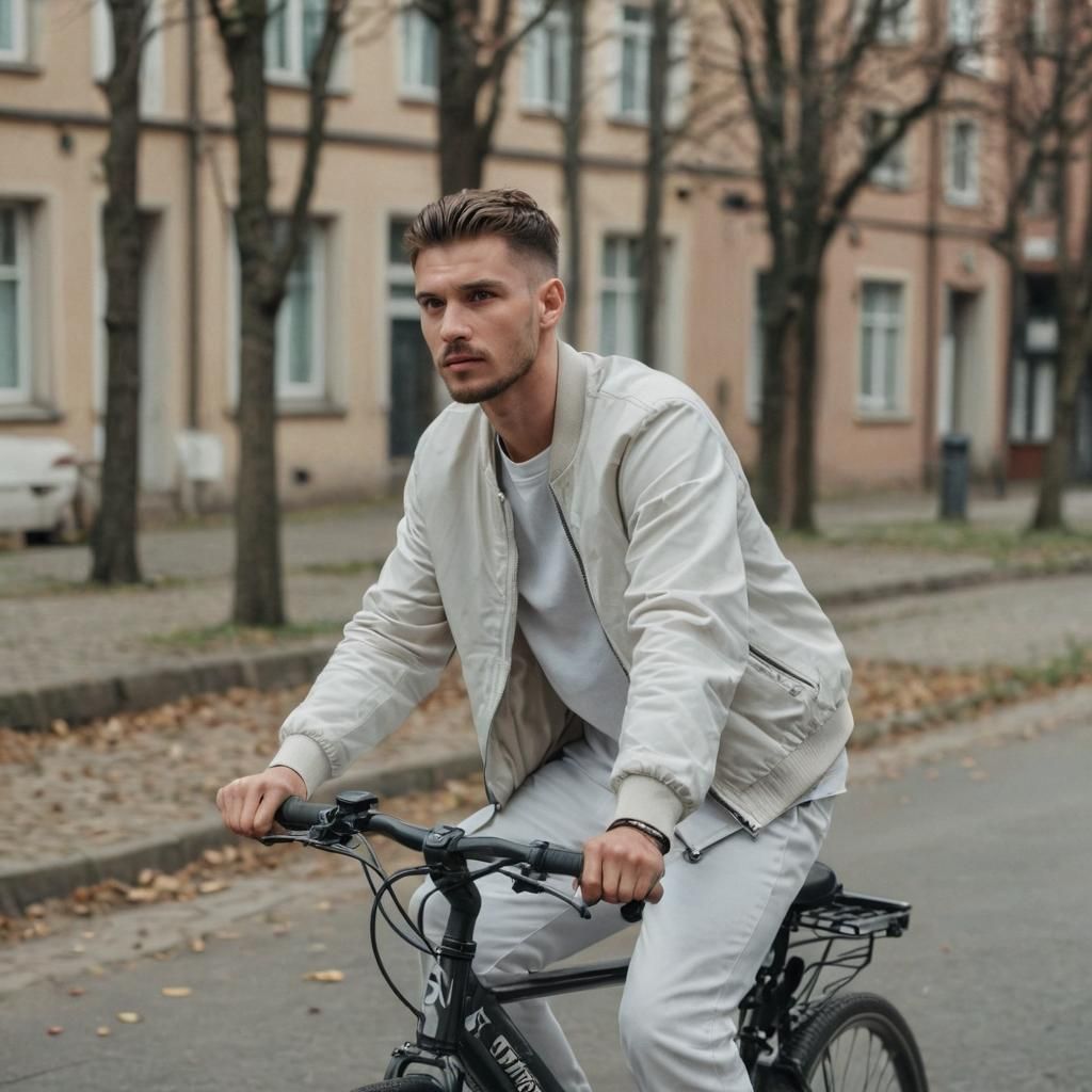 Tall Man Riding a Sport Bicycle in a Photorealistic Outdoor....