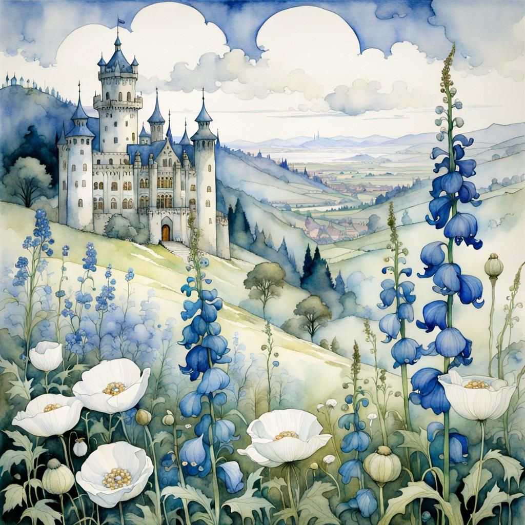 Botanical Illustration with Castle in Watercolor Style