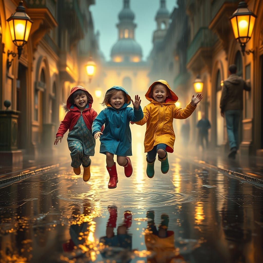 Joyful Children Play in Rainy Street Scene, Lit by Golden St...
