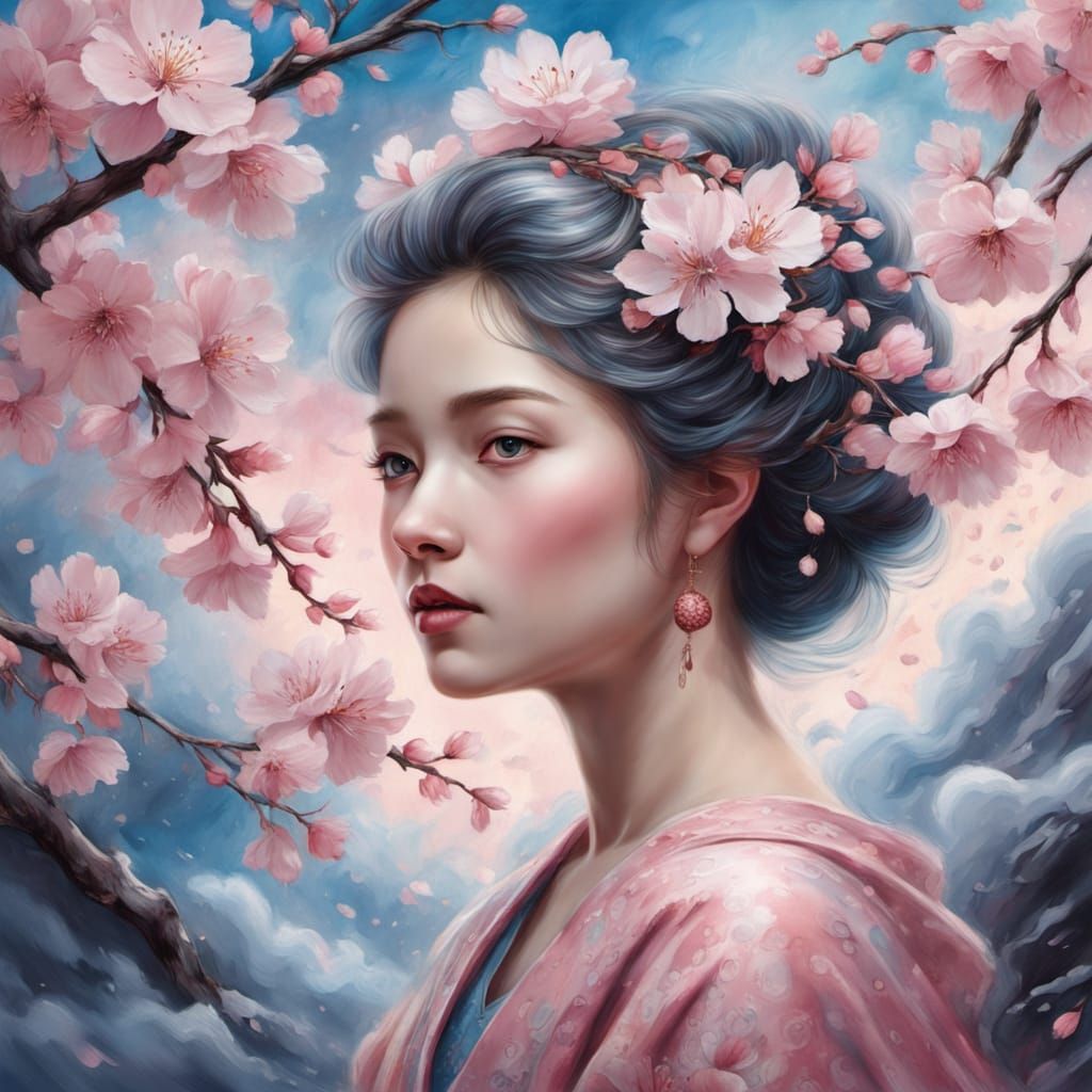 Cherry Blossom Goddess in Pink Landscape, Gouache Style