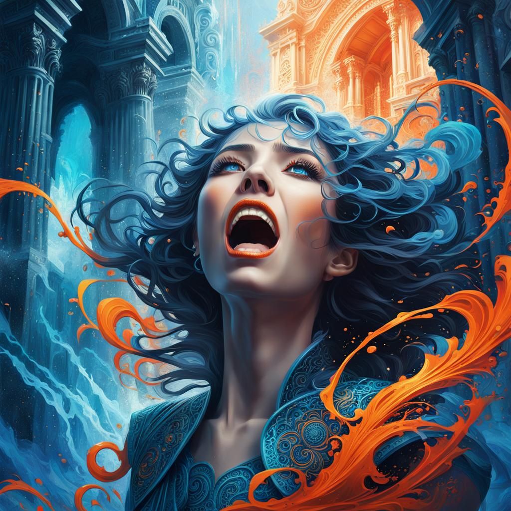 Screaming Woman in a Vivid Fantasy Dreamscape