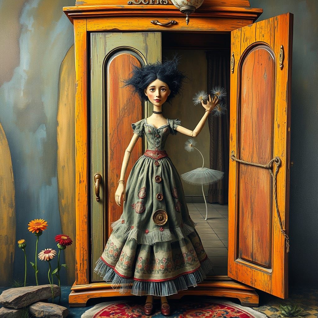 Giant Puppet in Hundertwasser Style Before Open Wardrobe