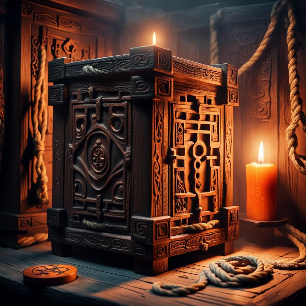 Mysterious Sculpted Dybbuk Box in Dark Fantasy Style