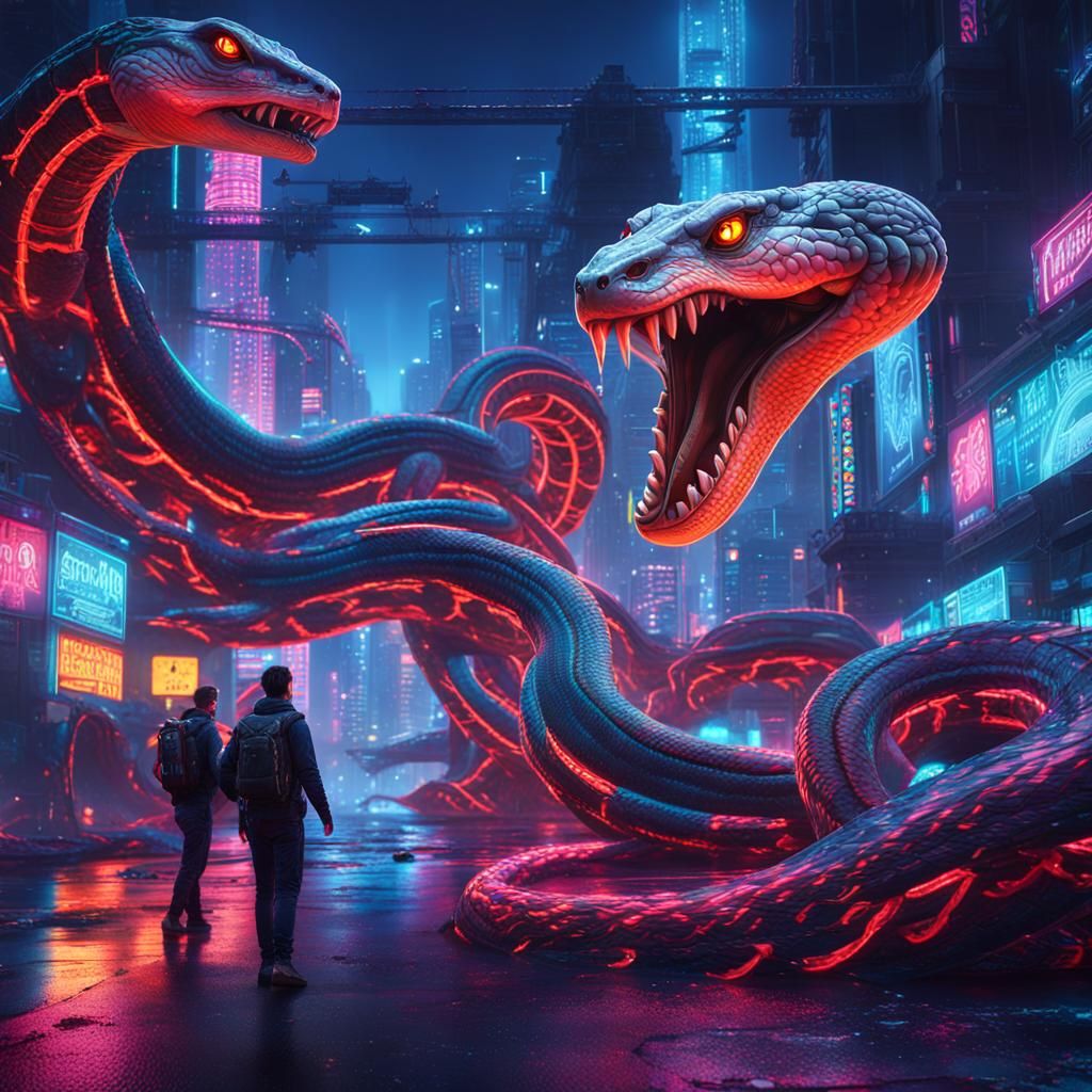 Neon Cyber Snakes Attack Blue Cyberpunk City