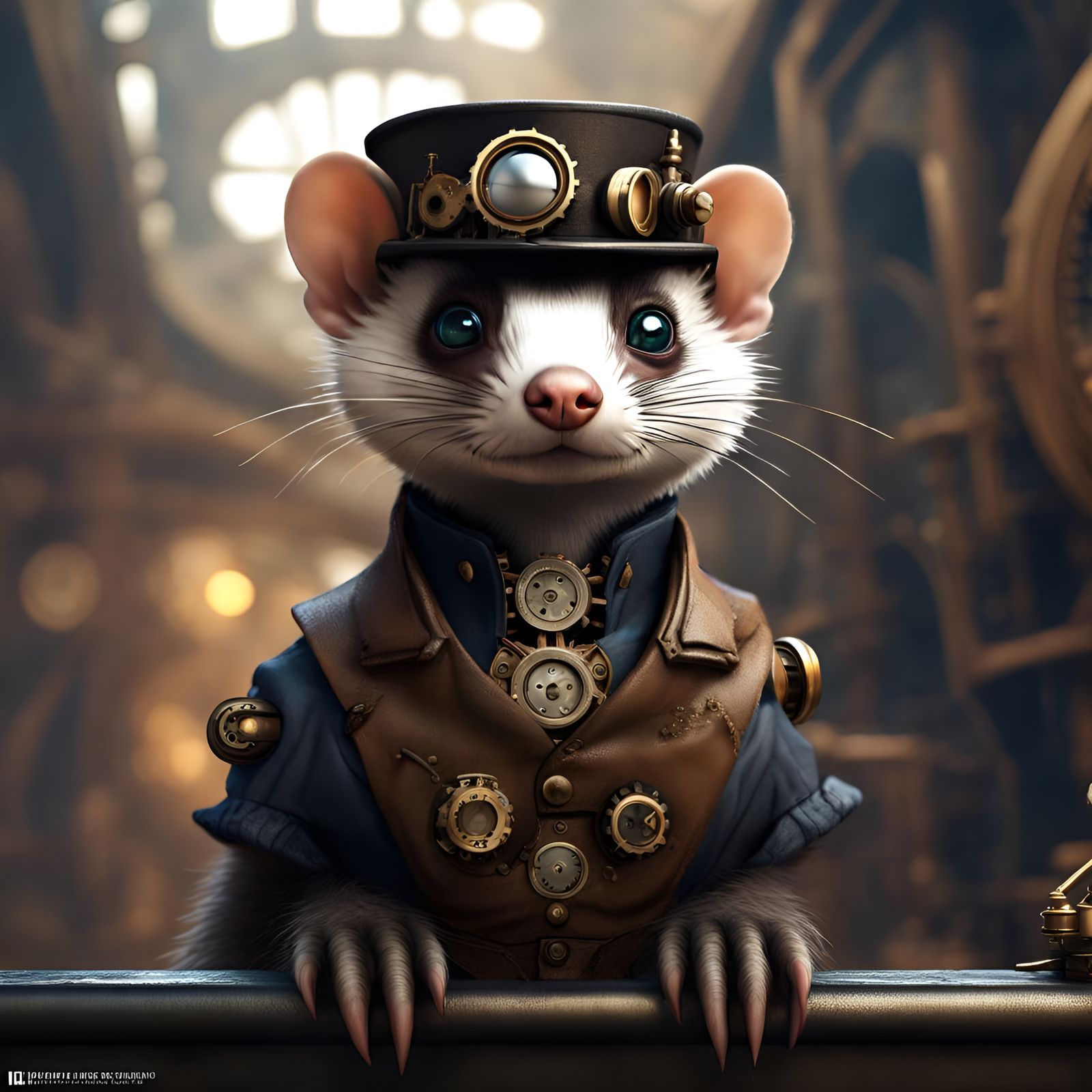 Steampunk Ferret with Big Eyes in Hyper-Realism