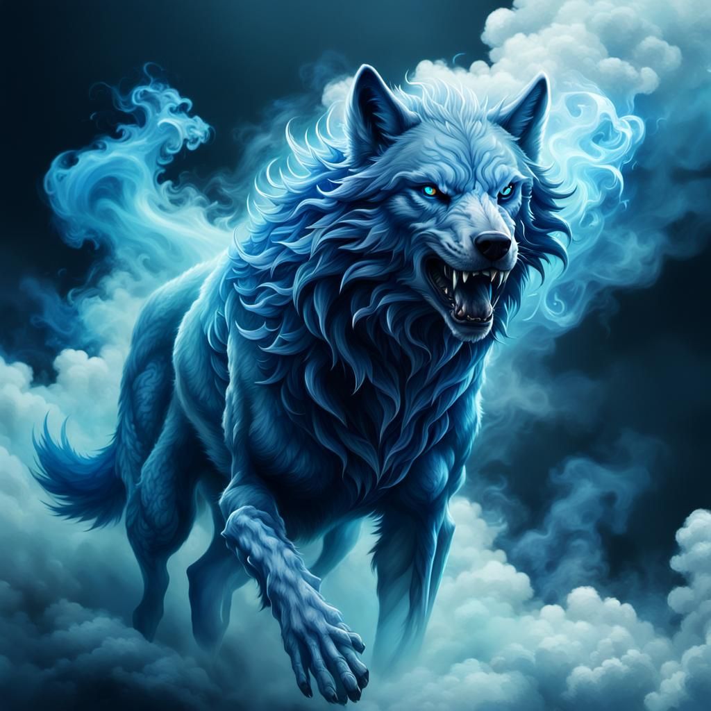 Blue Smoke Spectral Wolf in Epic Fantasy Art