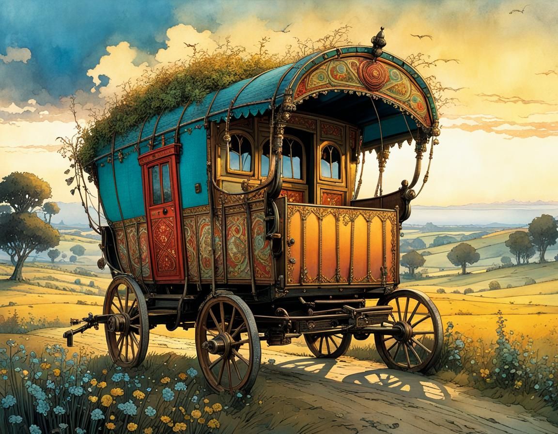 Colorful Gypsy Wagon in Evening Light