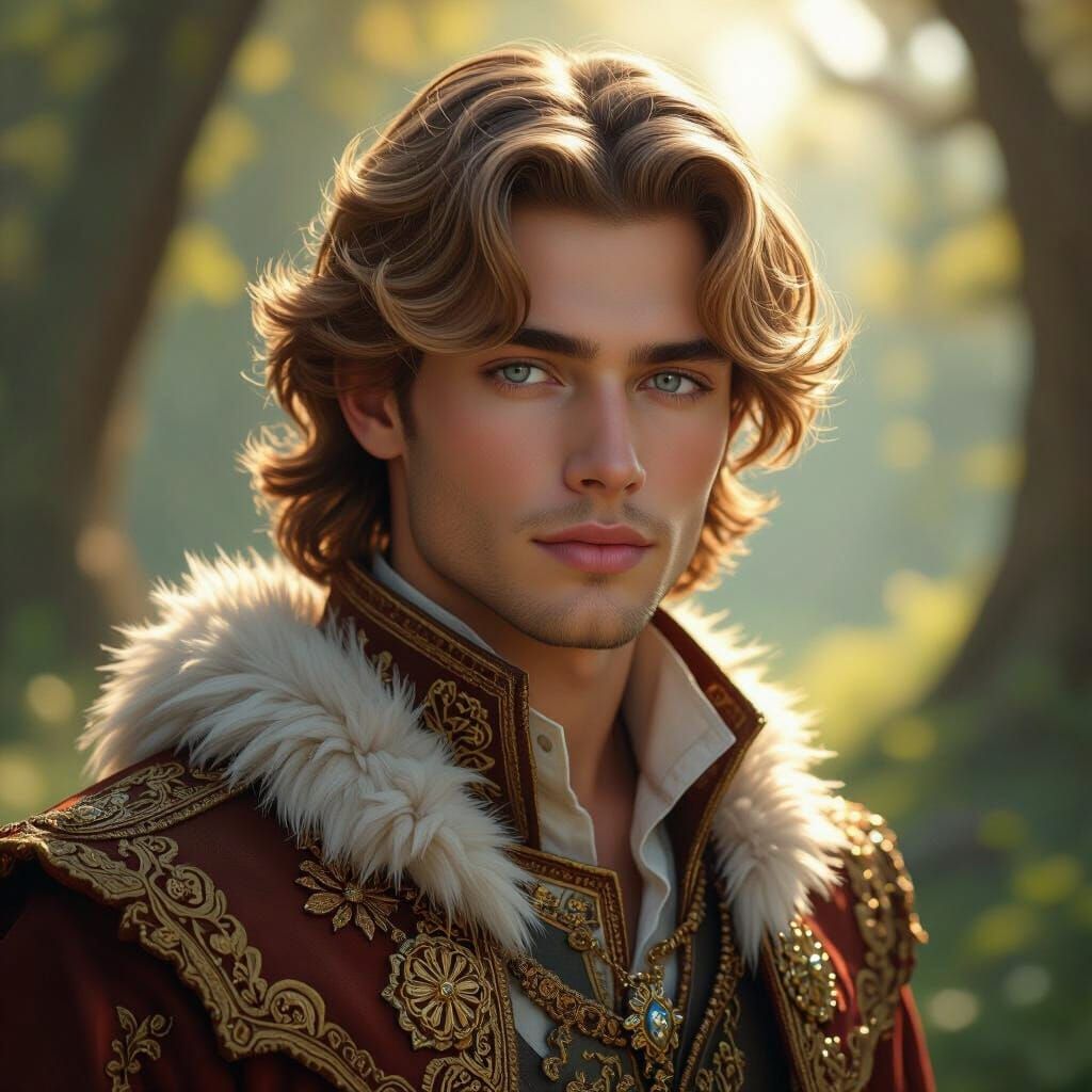 Handsome Fantasy Prince in Sunlit Forest Glade
