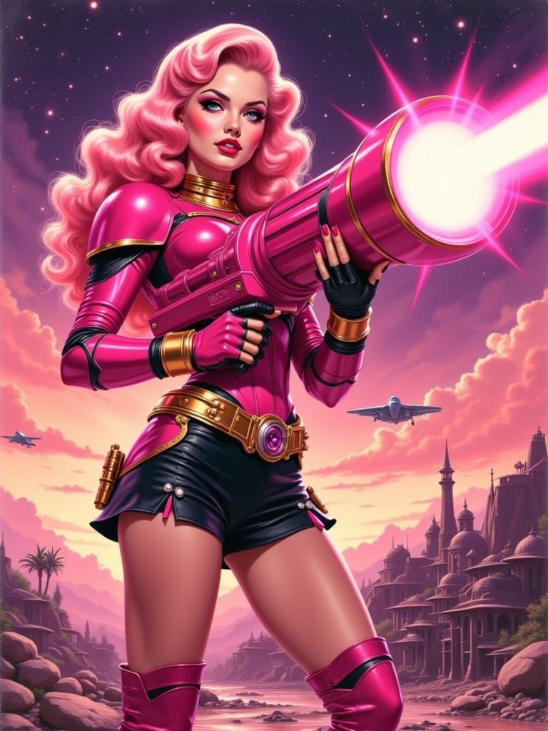 Glamorous Retro-Futuristic Warrior Unleashes Pink Power