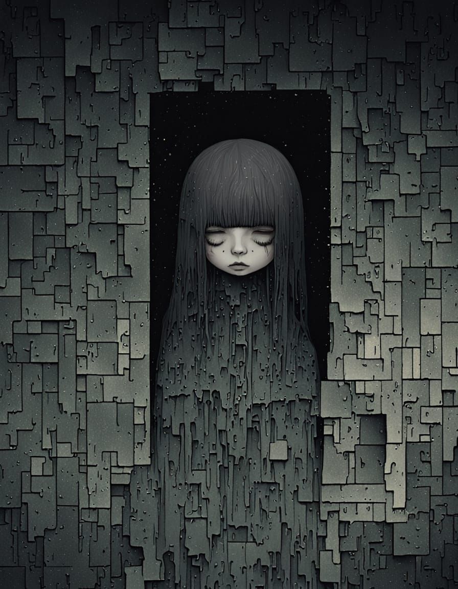 Melancholic Woman Dissolves into Byzantine Industrial Wall