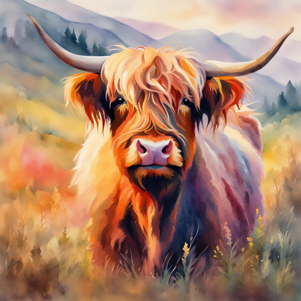 Smiling Multicolored Highland Cow in Watercolor Style