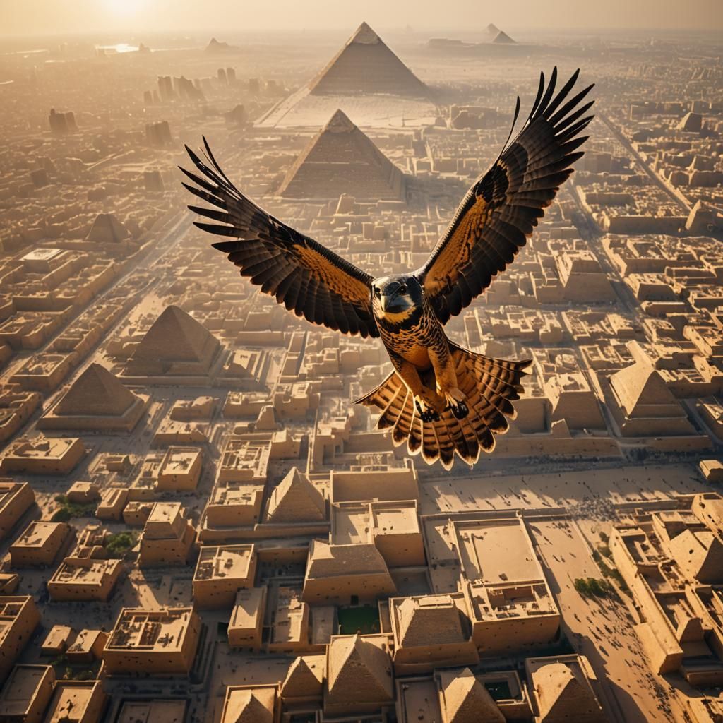 Horus the Falcon God Soaring Over Pyramids