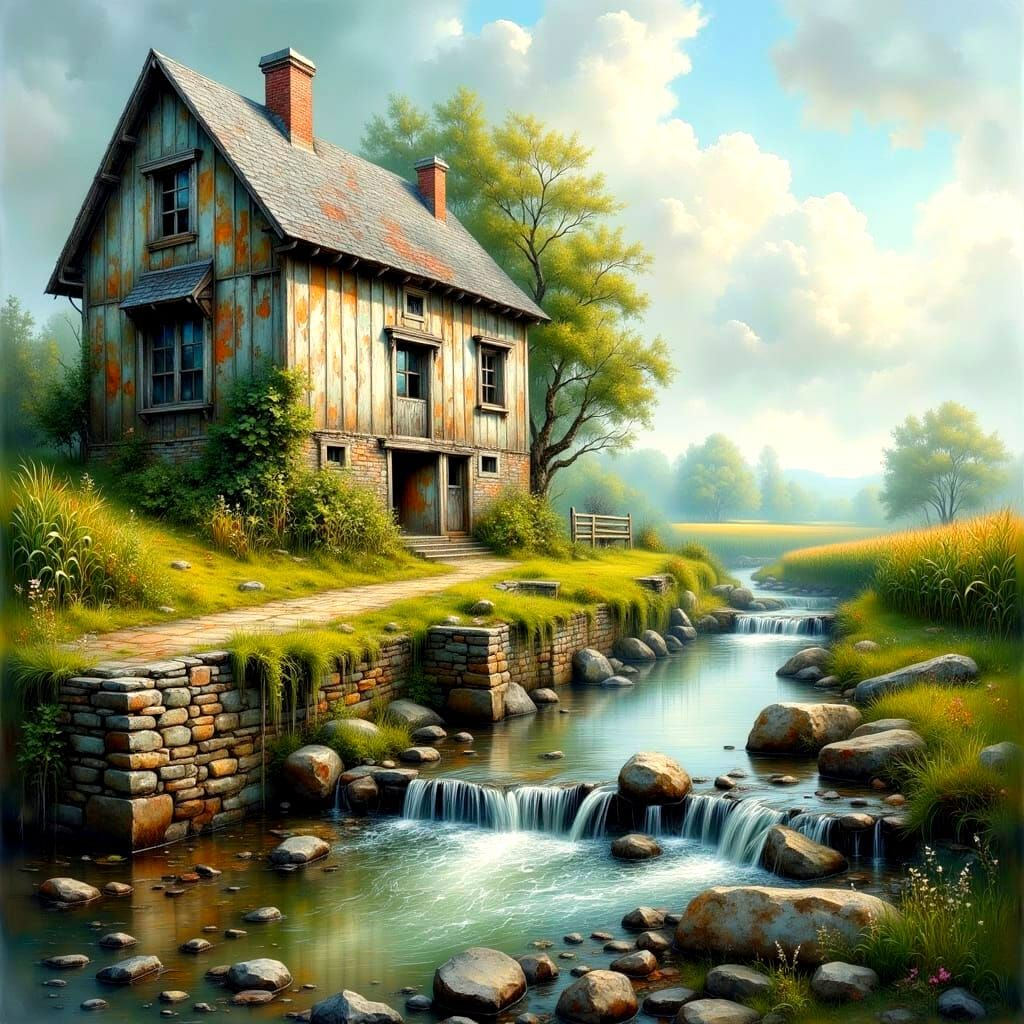 Rustic Barn with Waterfalls in Oil Painting Style