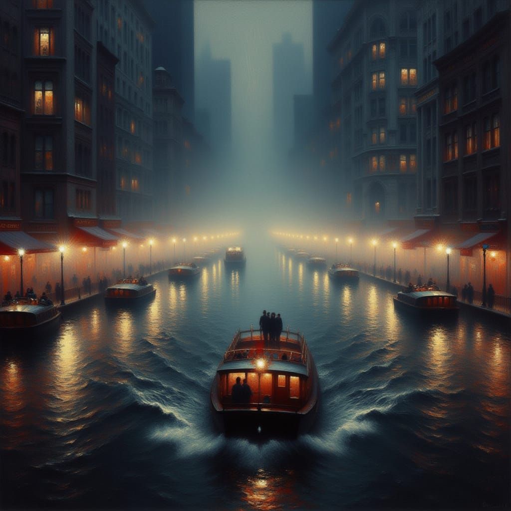 Romantic Nighttime Scene of the Chicago River in the 1930s