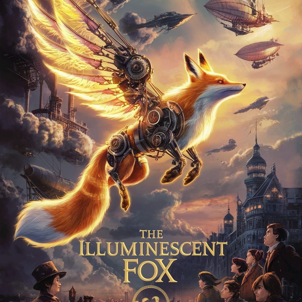Illuminescent Fox Steampunk Movie Poster in Ghibli Style