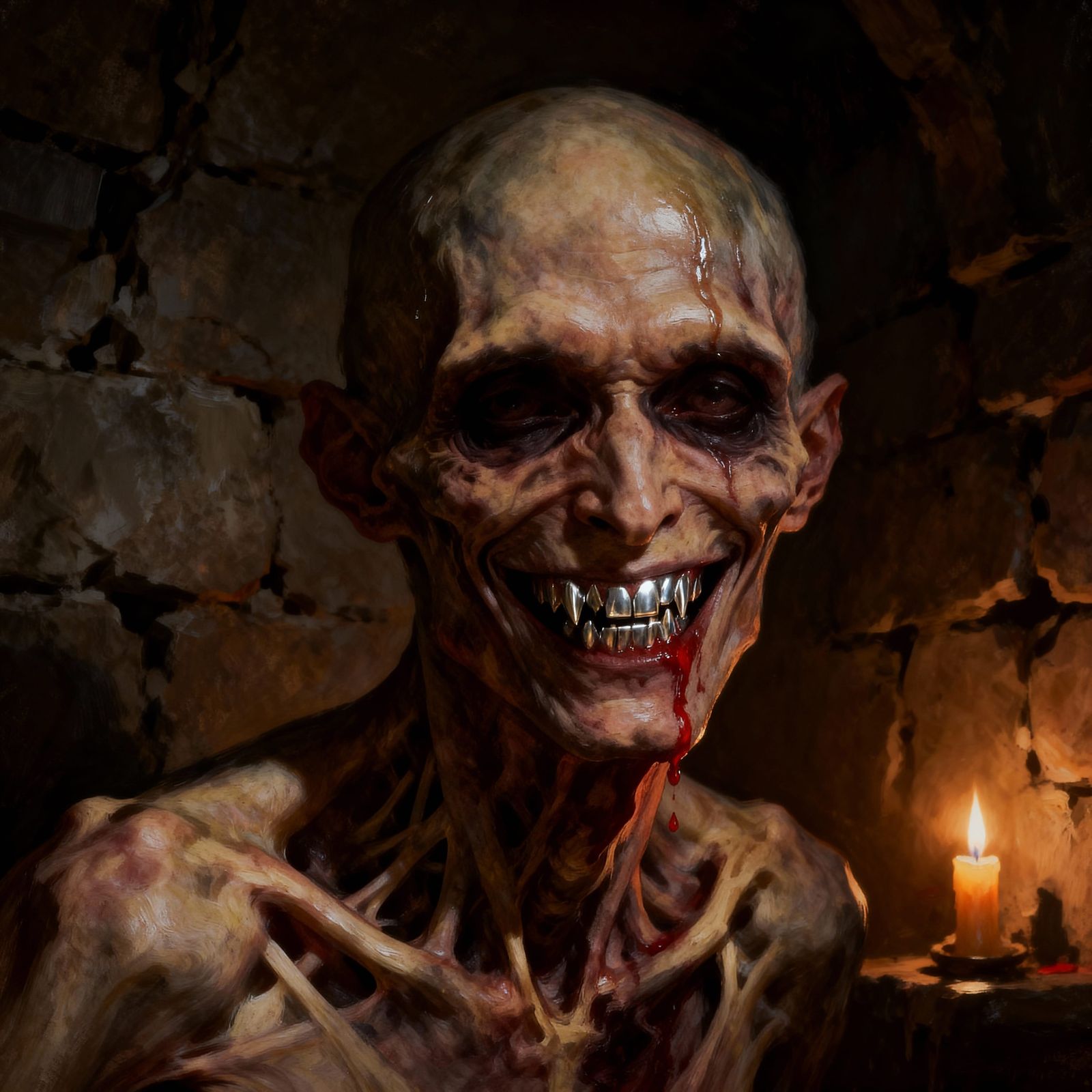 Grotesque Tormented Figure with Disturbing Smile in Oil Pain...