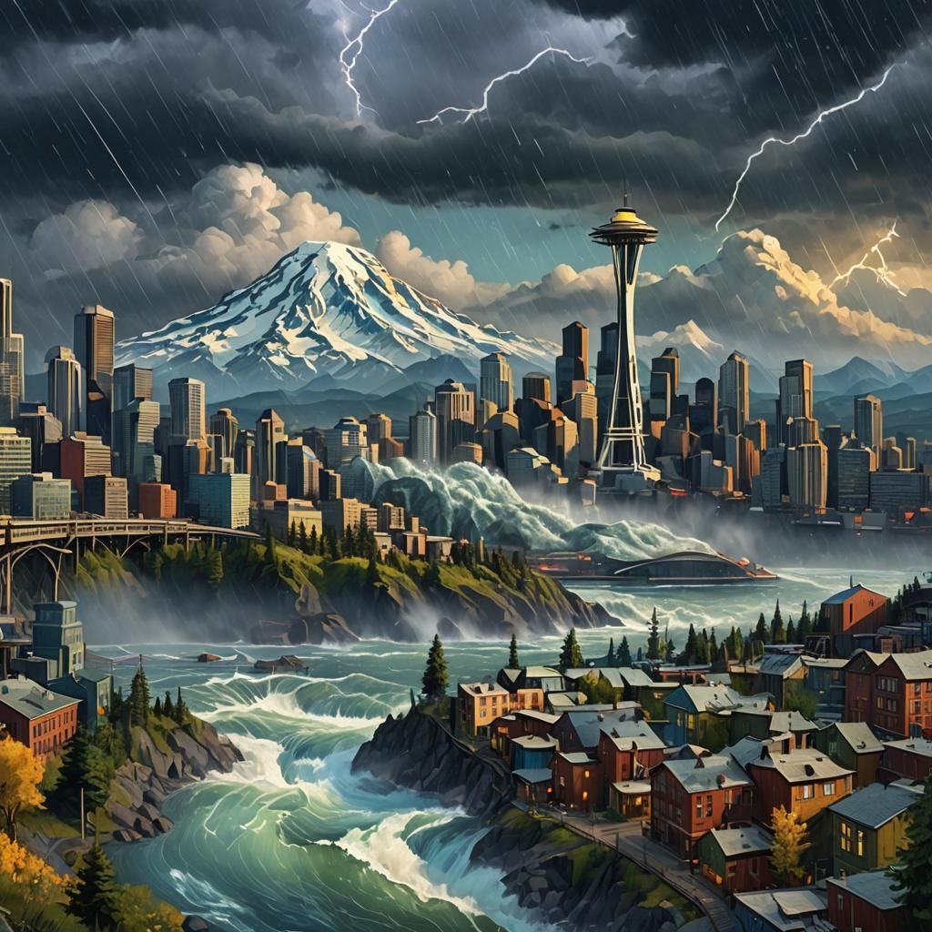 Futuristic Seattle in Van Gogh Style